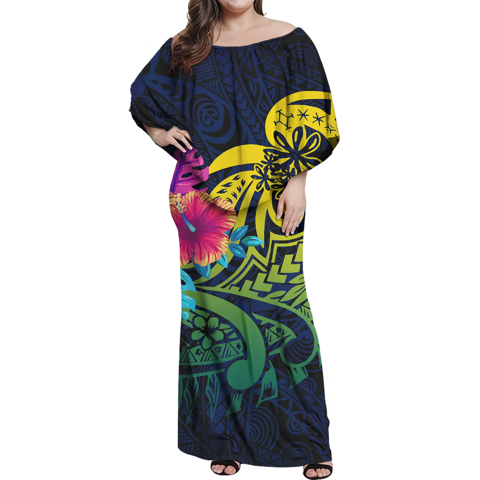 Прямая поставка, дешевое высококачественное женское платье, полинезийский Племенной дизайн, женское длинное платье раста с оборками, женское сексуальное облегающее платье