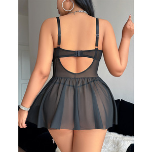 Robe sexy grande taille pour femme, en dentelle transparente et maille, élégante, dos nu, décolleté plongeant en V, à bretelles, sans manches, charmante - Product Image 3