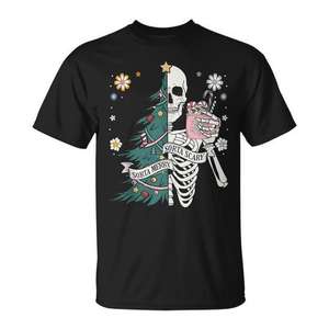 Camiseta Sorta Scary Merry Christmas Skeleton Tree, negra, talla mediana, unisex, cuello redondo, manga corta, impresión digital - Product Image 1