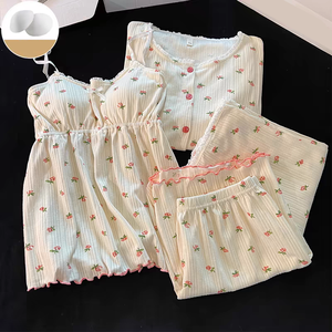 HUOYOUNG-Pijama de verano personalizado con borde de encaje <span class=keywords><strong>para</strong></span> mujer, pijama de Modal acanalado de 4 piezas, ropa de <span class=keywords><strong>dormir</strong></span> estampada <span class=keywords><strong>para</strong></span> mujer, pijama, conjunto de pantalones <span class=keywords><strong>cortos</strong></span> <span class=keywords><strong>para</strong></span> mujer - Product Image 1