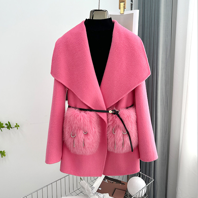 New Fashion Women's Pink Cashmere Fur Coat Plus Size Winter Handmade Double-Faced Wool Coat With Big Fox Fur Pocket Coat