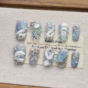 <span class=keywords><strong>Faux</strong></span> <span class=keywords><strong>ongles</strong></span> faits à la main, design 3D sirène océanique et méduse, avec perles, coquillages et paillettes, luxe, pour femmes - Product Image 3