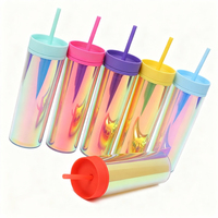 Gobelet de voyage à café jetable OEM ODM Laser Dazzle à double paroi en PS de qualité alimentaire 500 ml avec étiquette moulée, couvercle coloré et paille
