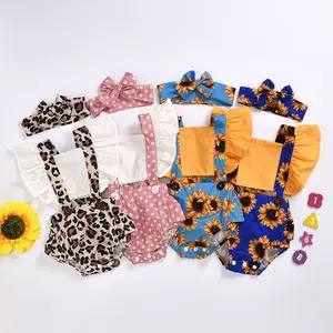 Newborn Baby Girl Summer Clothes 2Pcs Rompers Fly Sleeve Backless Sunflower Romper Baby Girl Cotton leopard Jumpsuit Outfits