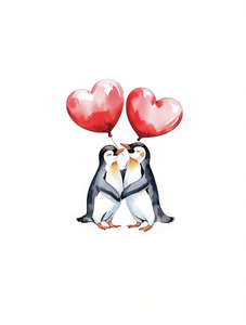 T-shirt da donna con motivo pinguini che si baciano, manica corta, girocollo, in cotone nero, casual, con design a cuore rosso e palloncino - Product Image 1