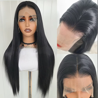 Perruque synthétique Lace Front 13*4 droite réglable, mi-longue, noire, en fibres mélangées haute température, avec devant noué à la main, aspect naturel