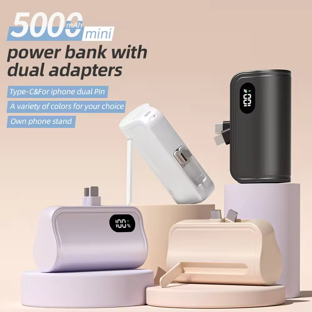 Custom Mini Mobile Power Bank with LED Display Dual Head Built-In Cable 3-in-1 Phone Holder with Tail Plug