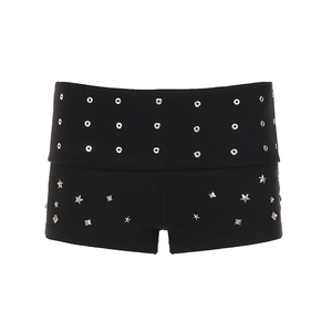 Y2K Rhinestone Eyelet Fold-Over Waistband Knit Shorts – Hot Fix Grommet Sparkle Roll-<b>Down</b> Waist Short <b>Pants</b> for Women - Product Image 6