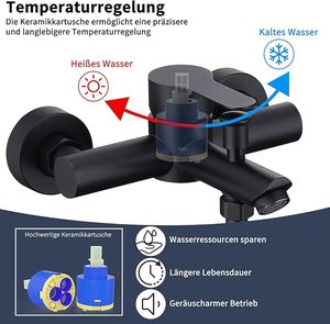 Grifo de Bañera con Sistema de Ducha, Ducha Manual Negra con 4 Funciones, 360 °   Grifo de Bañera con Caño Giratorio y Cabezal de Ducha - Product Image 4