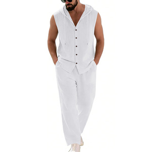 Ensemble d'été décontracté pour <span class=keywords><strong>homme</strong></span> en fibre <span class=keywords><strong>de</strong></span> bambou, coupe ample, uni, avec chemise sans manches à capuche ornée <span class=keywords><strong>de</strong></span> strass et pantalon droit, pour les vacances - Product Image 2