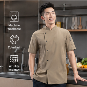 Nouvelle combinaison de chef super-élastique et ajustée pour homme, à manches courtes, respirante, en polyester gaufré, pour la <span class=keywords><strong>restauration</strong></span> et la cuisine - Product Image 4