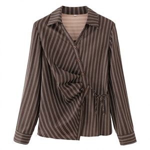 Chemisier en satin rayé pour femme, à manches longues, boutonné, avec lien à nouer, style décontracté, coupe régulière, manches complètes, style ample - Product Image 3