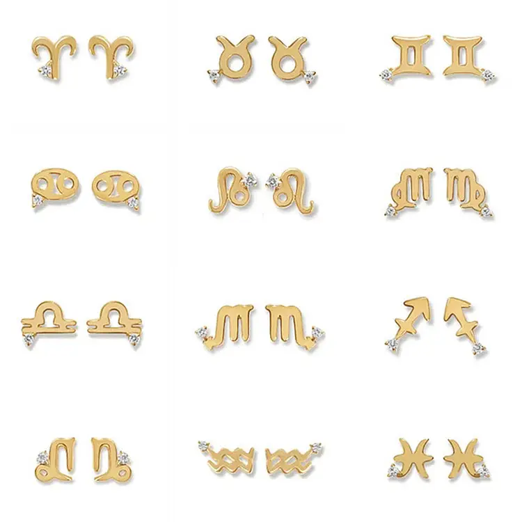 SP Sederhana Minimalis 12 Zodiak Tanda 18K Emas Disepuh Birthstone Stainless Steel Stud Earrings untuk Wanita