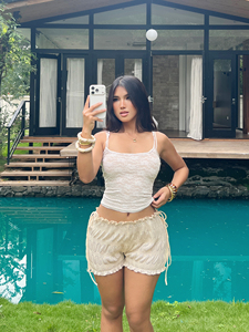 Women's Cream Smocked Tie Side Shorts, <b>Elastic</b> High Waist Ruffle Hem Casual Shorts for Summer Beach Vacation - Product Image 4