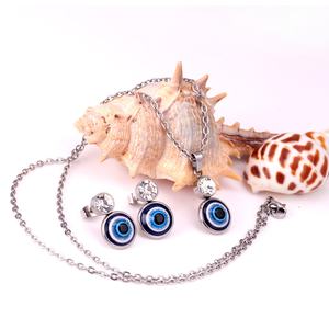 Parure de bijoux de mariage tendance en acier inoxydable plaqué or PVD 18 carats bleu, collier et boucles d'oreilles pour femme, prix de gros - Product Image 4