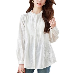 Cotton Embroidered White Shirt Women's Long Sleeve 2026 Spring New Design Organ Pleated Top Wooden Ear Collar Shirt - Product Image 5
