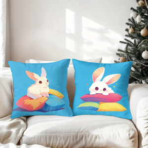 Cute rabbits and puppies on colorful pillows decorate cozy festive living room sofa - Product Image 3