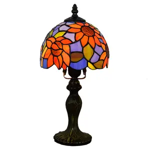 8 인치 미국 목가적 인 푸른 태양 꽃 조명 티파니 스테인드 글라스 바 레스토랑 침실 머리맡 작은 테이블 램프 그늘