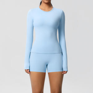 Logo personalizzato donna Slim Fit allenamento 2 pezzi Set manica lunga Top Lift pantaloncini attillati Yoga allenamento Fitness palestra tuta - Product Image 3
