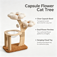 CottonPod 96cm Arbre à chat moderne grand luxe avec perchoirs en peluche blanche, bol en acrylique transparent, double plateforme, poteaux en sisal et jouet nuage