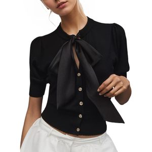 Bow <b>Tie</b> Front Cardigan Sweater Short Sleeve Button Down Knit Cropped Top Women Summer Elegant Style - Product Image 1
