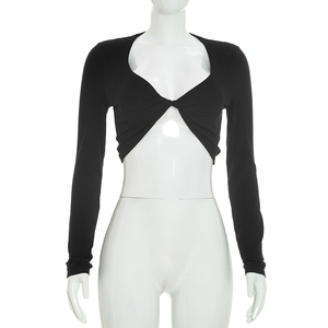 Viviblook J26TP285 Camiseta Casual Nueva para Mujer, Top Corto de Yoga de Manga Larga con Detalle Trenzado Frontal para Damas - Product Image 1
