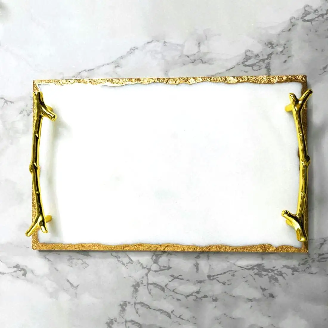 Gold Edged Rectangle Marble Decorative Tray Gold plate handle Jewelry Dresser Kitchen Sink Tray Effect Tray With Handles