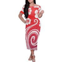 Gaun Midi Vintage gaun Bodycon bahu terbuka gaun wanita pensil merah muda gaun Pulau Pasifik pola pakaian kasual kustom
