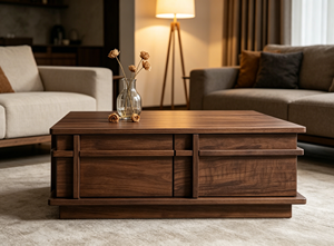 Modern Minimalist Square <b>Walnut</b> Coffee <b>Table</b> with Storage Drawers for Living Room - Product Image 2