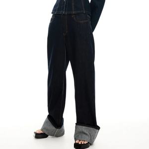 Vente en gros 2024 Jeans baggy chic à ourlet roulé, taille haute vintage, décontractés pour femme, avec revers - Product Image 2