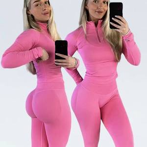 Workout Sets for <b>Women</b> 2 Piece Gym Sportswear Seamless Scrunch Butt <b>Leggings</b> and Zip Up Long Sleeves Jacket Set With Half Zipper - Product Image 1
