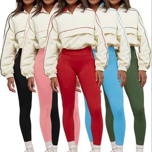 Conjunto de yoga de dos piezas para mujer, chaqueta corta y leggings de cintura alta, ropa deportiva con bloques de color, conjunto informal para estar en casa - Product Image 5