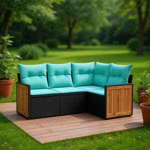 Conjunto de Sofás de Jardín para Exteriores, Ratán y Madera de Teca, 4 Plazas, Resistente a la Intemperie, Diseño Contemporáneo - Product Image 2