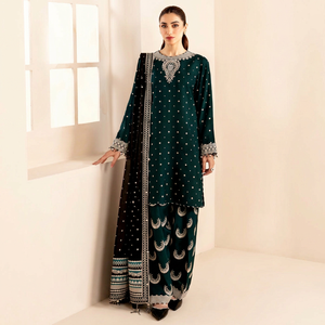 Emerald <b>Green</b> <b>Silk</b> Salwar Kameez With Embroidered Neck And Borders Floor-Length Loose Fit Traditional Pakistani Wedding Dress - Product Image 1