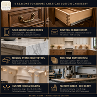 Meubles de cuisine sur mesure pour toute la maison, style Shaker américain, panneaux surélevés, crème en haut, chêne en bas, quincaillerie laiton, plan de travail en marbre, fabrication OEM