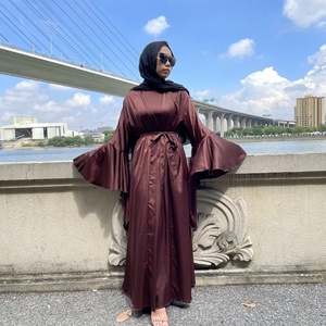 1925 #   Ensembles d'abayas en satin uni à manches longues avec ceinture et manches à volants, cardigan musulman islamique, costume abaya - Product Image 4
