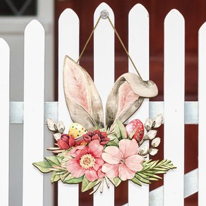 Easter Bunny Wooden Door Hanger Pink Floral Design Handmade Home Decor For Spring Celebration - Product Image 3
