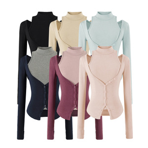 CNSHELL Set 2 Potong Atasan Wanita Mock Neck Tank & <span class=keywords><strong>Cardigan</strong></span> Lengan Panjang V-Neck Kancing Satu Baris, Pakaian Rajut Minimalis untuk Kegunaan Sehari-hari - Product Image 1