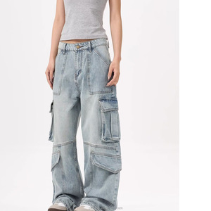 Pantalon cargo en jean ample et décontracté bleu clair pour homme, qualité supérieure, faible MOQ, directement de l'usine de Guangzhou, style urbain uni et tendance - Product Image 3