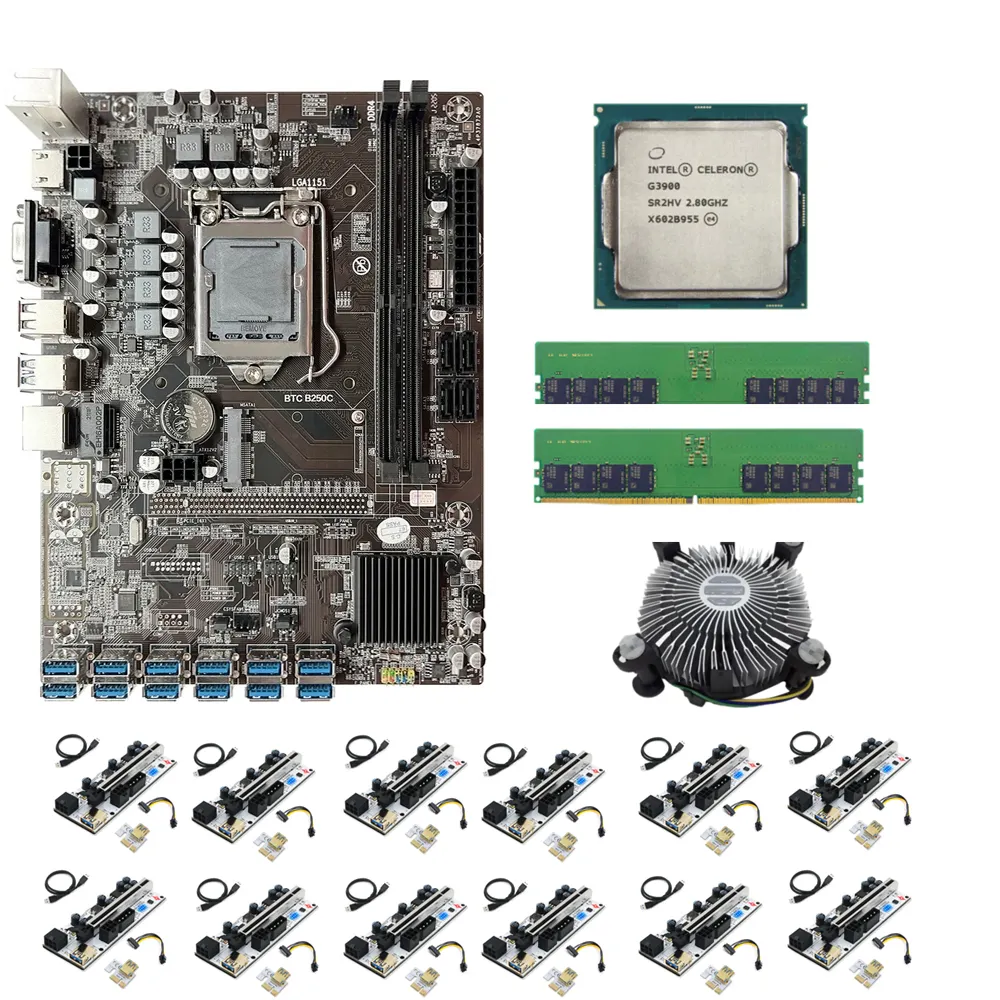 Best Price B250C Motherboard Set 12 PCIE to USB3.0 Graphics Card LGA1151 2*DDR4 RAM G3900 CPU Processor Fan Combo Kit In Stock