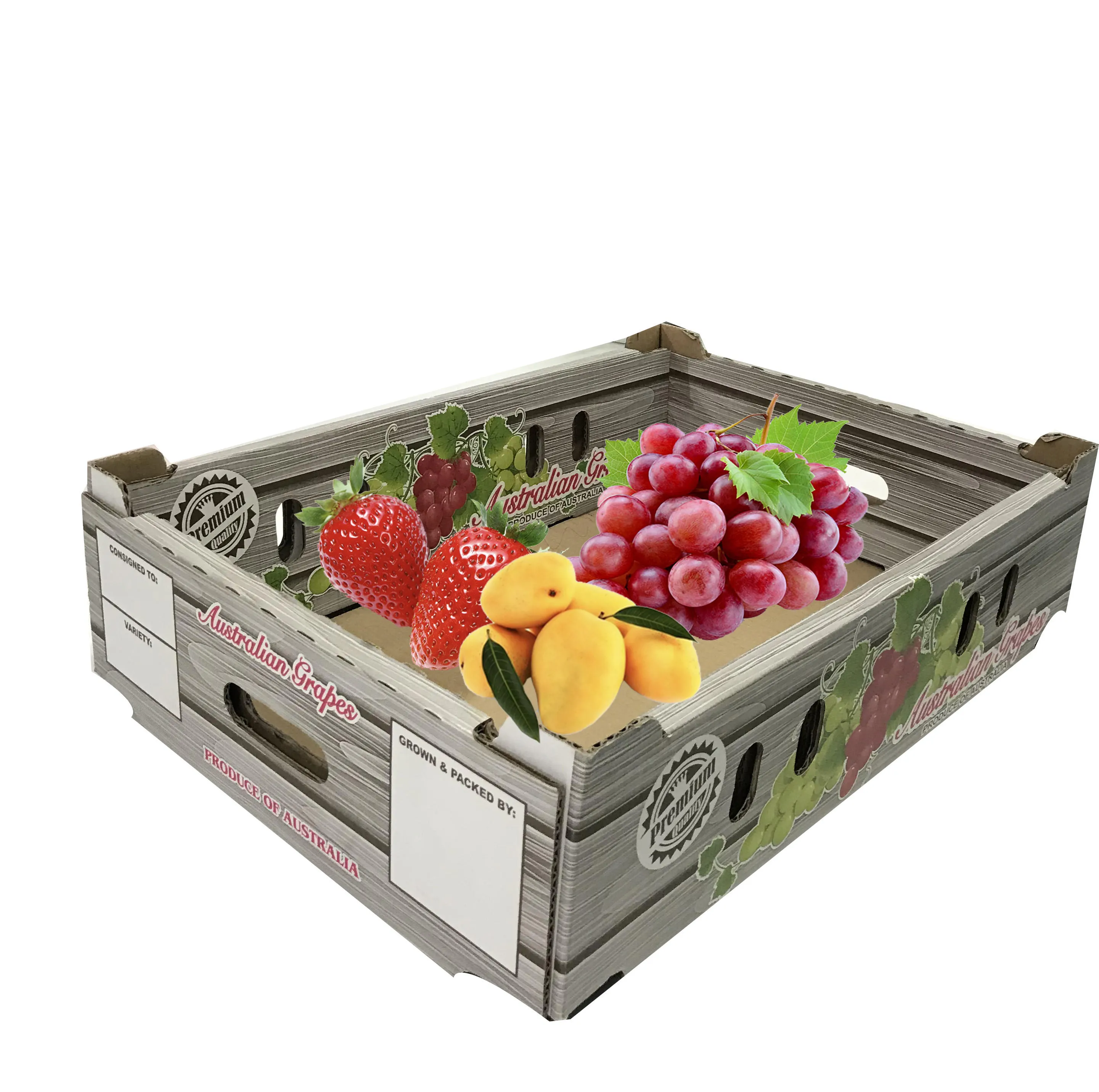 Kleurendruk Verpakking Golfkarton Druiven Aardbei Fruit Verpakking Papieren Dozen Voor Fruit Mango 'S Groente Verpakking