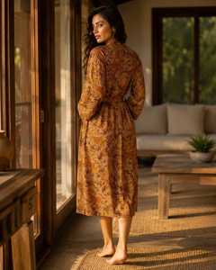 Bata de seda bohemia para mujer con estampado paisley, kimono largo floral, estilo A, lavable, ligera, para descansar, para vacaciones en resort, tipo pareo bohemio - Product Image 5