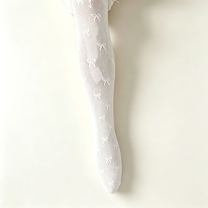 Collants pour filles, nouveau style 2025, blanc uni avec nœud en dentelle, résille fine, nylon et élasthanne, à coutures - Product Image 2
