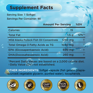 <strong>Omega</strong> <strong>3</strong> Fish Oil 1250mg Concentrated EPA &amp; DHA <strong>Omega</strong>-<strong>3</strong> Fatty Acids Supports Heart &amp; Immunity Wild Alaska Pollock Oil Softgels - Product Image 2
