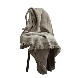 Couverture en lin pur de haute qualité en gros, style campagnard, 450 GSM, avec franges et pompons faits à la main - Product Image 1