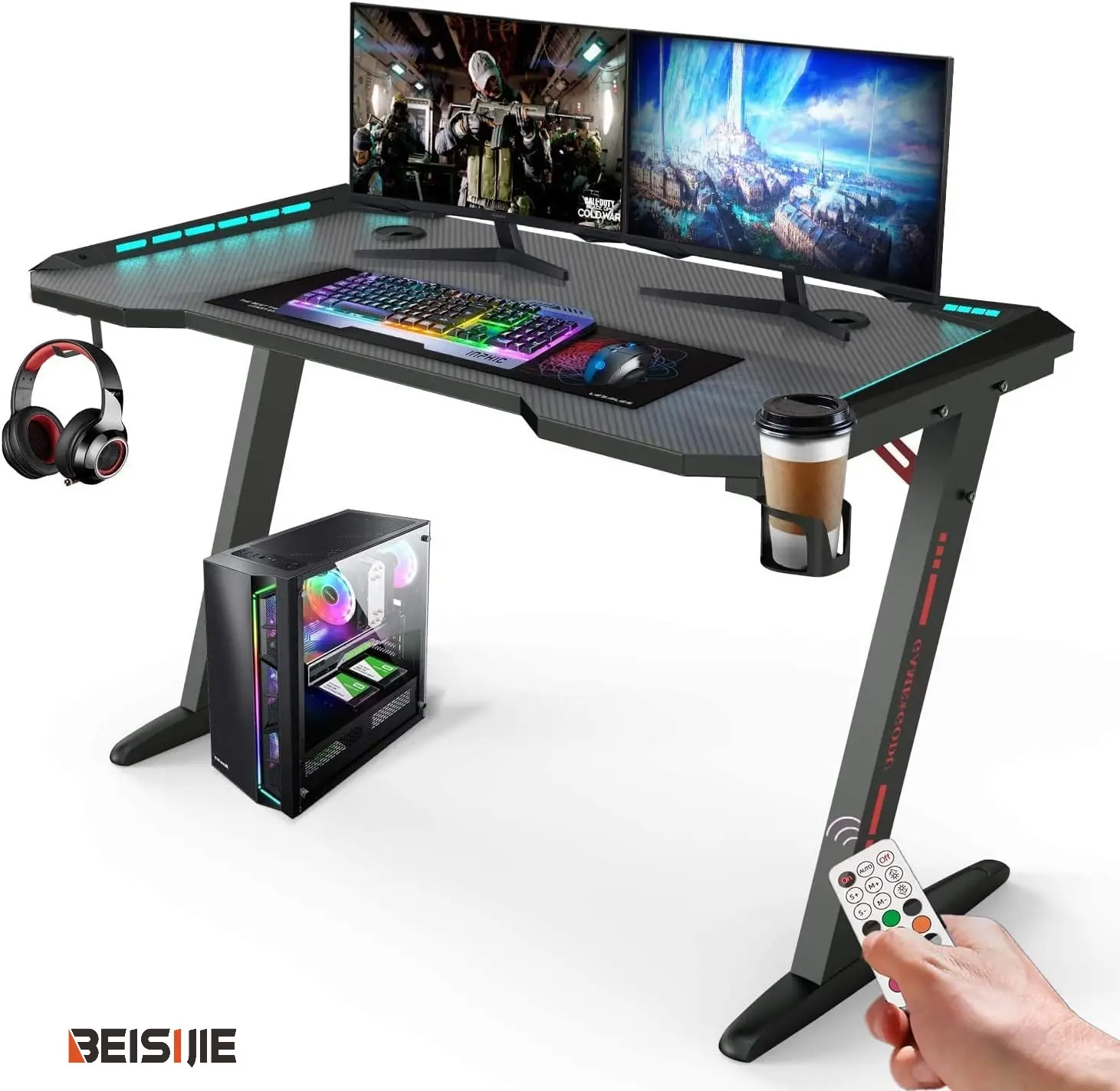 Customized New Design Best Sell Modern Black Gaming Desk with RGB
