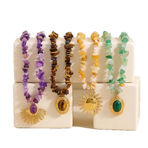 Collier en pierres naturelles style bohème, plaqué or 18 carats, en acier inoxydable, avec pendentif soleil océanique perlé, personnalisable, idéal pour cadeau (vente en gros) - Product Image 6