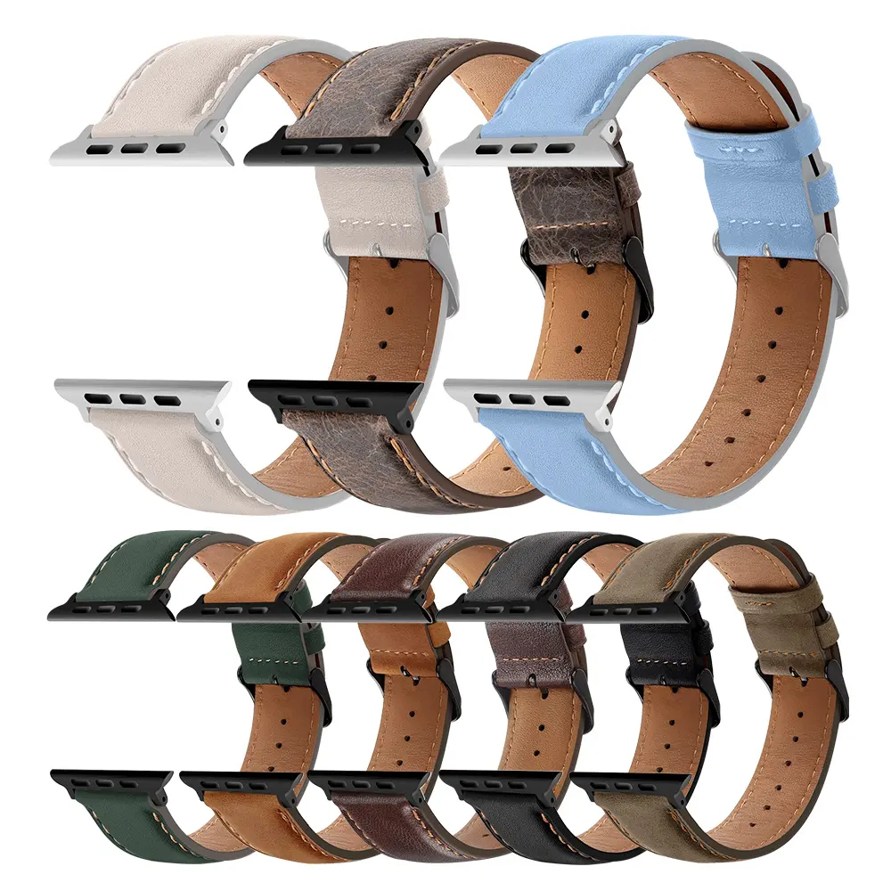 RYB pulseira de couro genuíno para Apple Watch Series 7 8 9, pulseira de couro vintage artesanal para Apple Watch