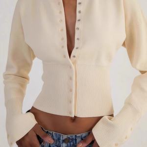 Nuovo Logo in lana 100% personalizzato stile classico abbigliamento femminile alla moda t-shirt con scollo sottile con bottoni <span class=keywords><strong>Cardigan</strong></span> da donna a coste - Product Image 1