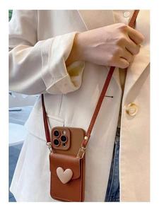 กระเป๋าใส่การ์ดรูปหัวใจสีน้ำตาลขนาดเล็กเหมาะสำหรับ Samsung Apple <span class=keywords><strong>Xiaomi</strong></span> ที่มีช่องเสียบการ์ดโทรศัพท์มือถือพร้อมเชือกแขวนในแนวทแยง - Product Image 5